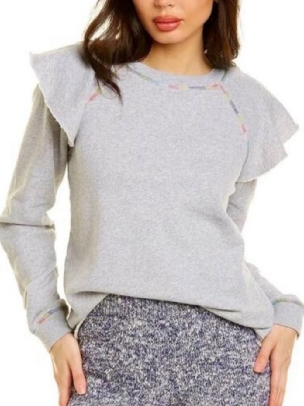 Something Navy Light Gray Ruffle-Shoulder Sweatshirt - Picture 15 of 15
